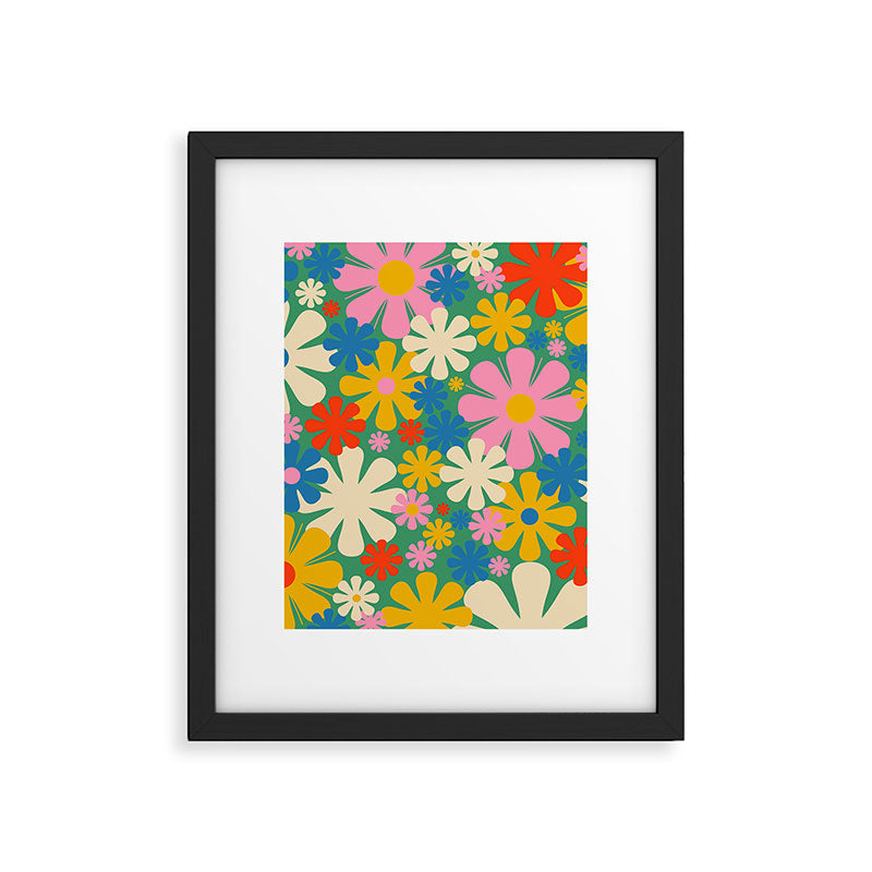 Retro Flowers 60s 70s Aesthetic Floral Pattern in Pop Green Blue Pink Red Mustard Yellow Cream Framed Art Print Gallery Image 6