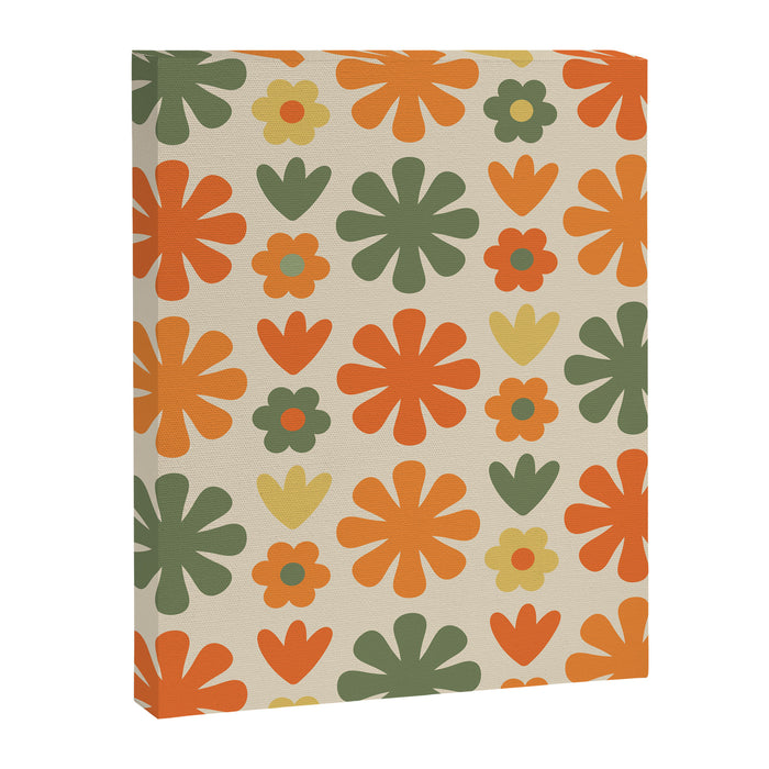 Retro Flowers Scandi Floral Grid Pattern in Mossy Olive Green Orange Mustard Canvas Print Gallery Image 1