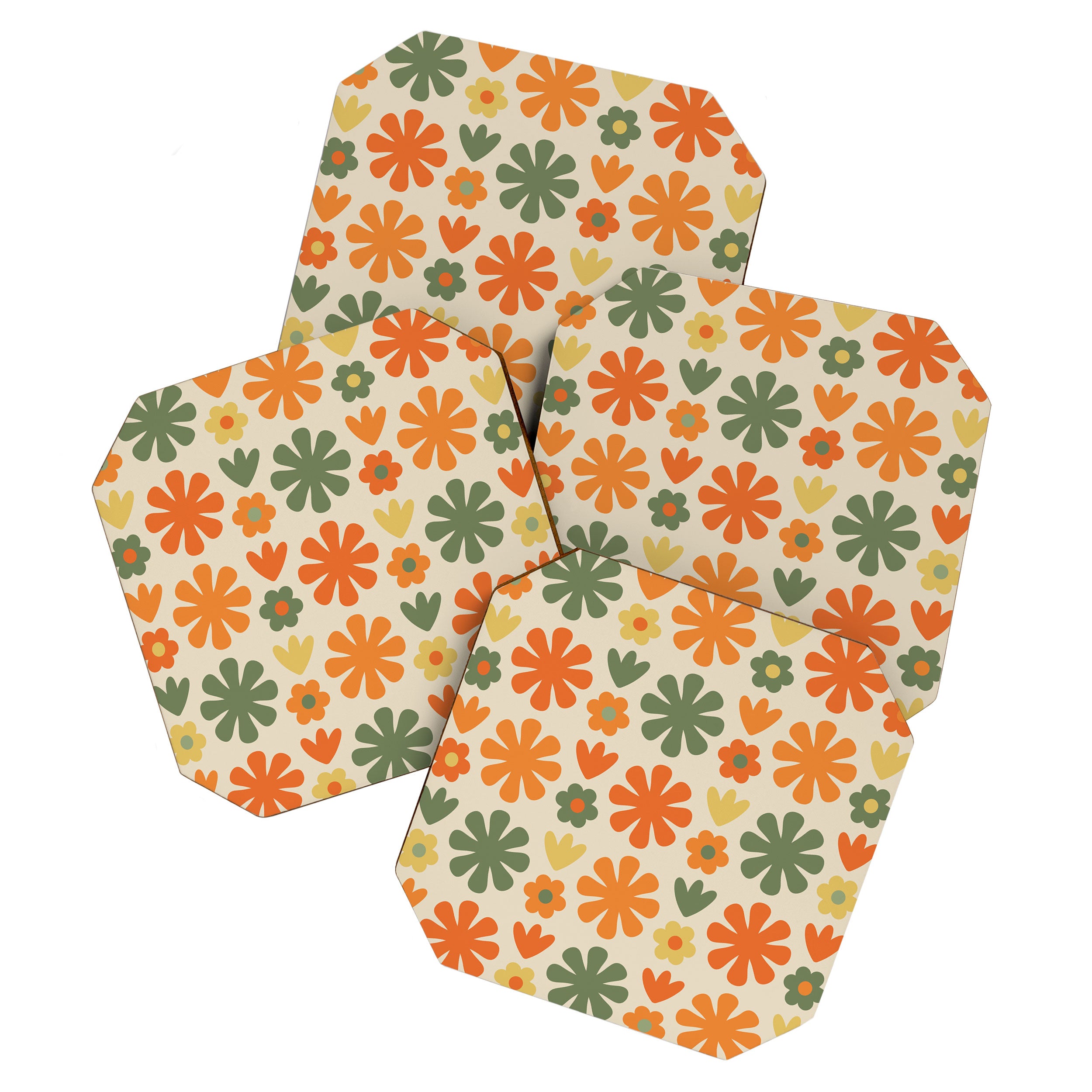 Retro Flowers Scandi Floral Grid Pattern in Mossy Olive Green Orange Mustard Coaster Gallery Image 1