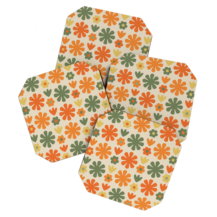 Retro Flowers Scandi Floral Grid Pattern in Mossy Olive Green Orange Mustard Coaster Gallery Image 1