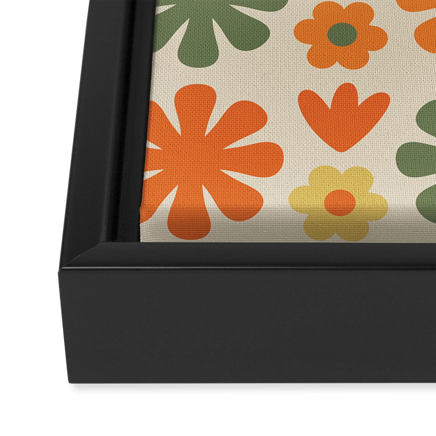 Retro Flowers Scandi Floral Grid Pattern in Mossy Olive Green Orange Mustard Framed Canvas Print Gallery Image 3
