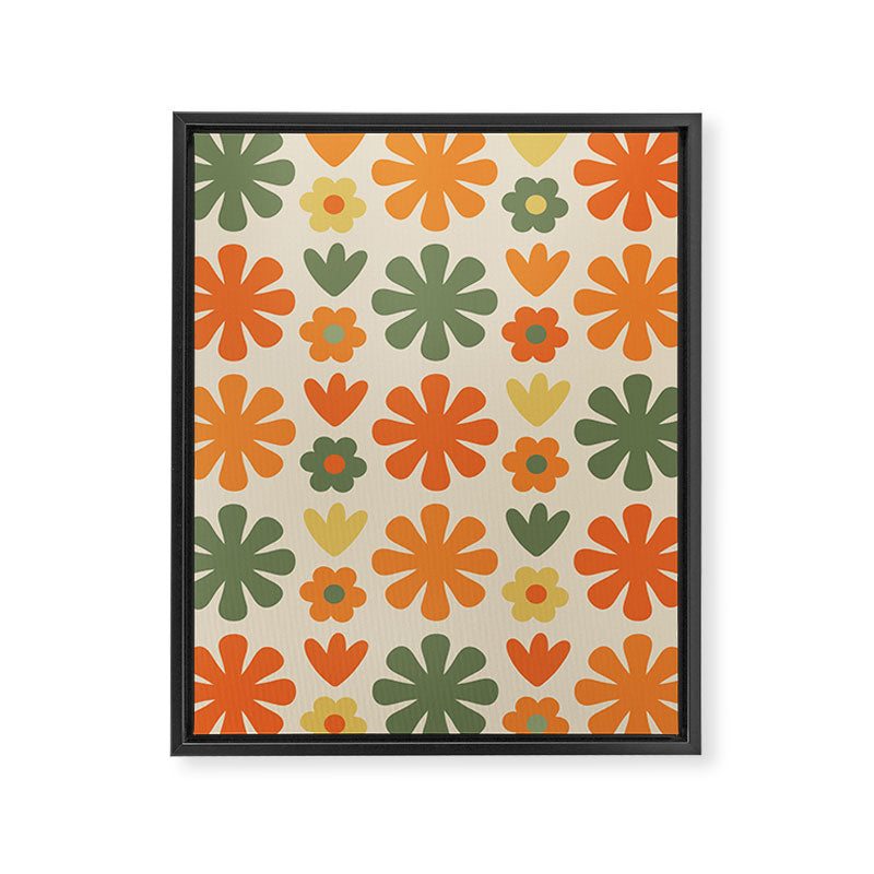Retro Flowers Scandi Floral Grid Pattern in Mossy Olive Green Orange Mustard Framed Canvas Print Gallery Image 8