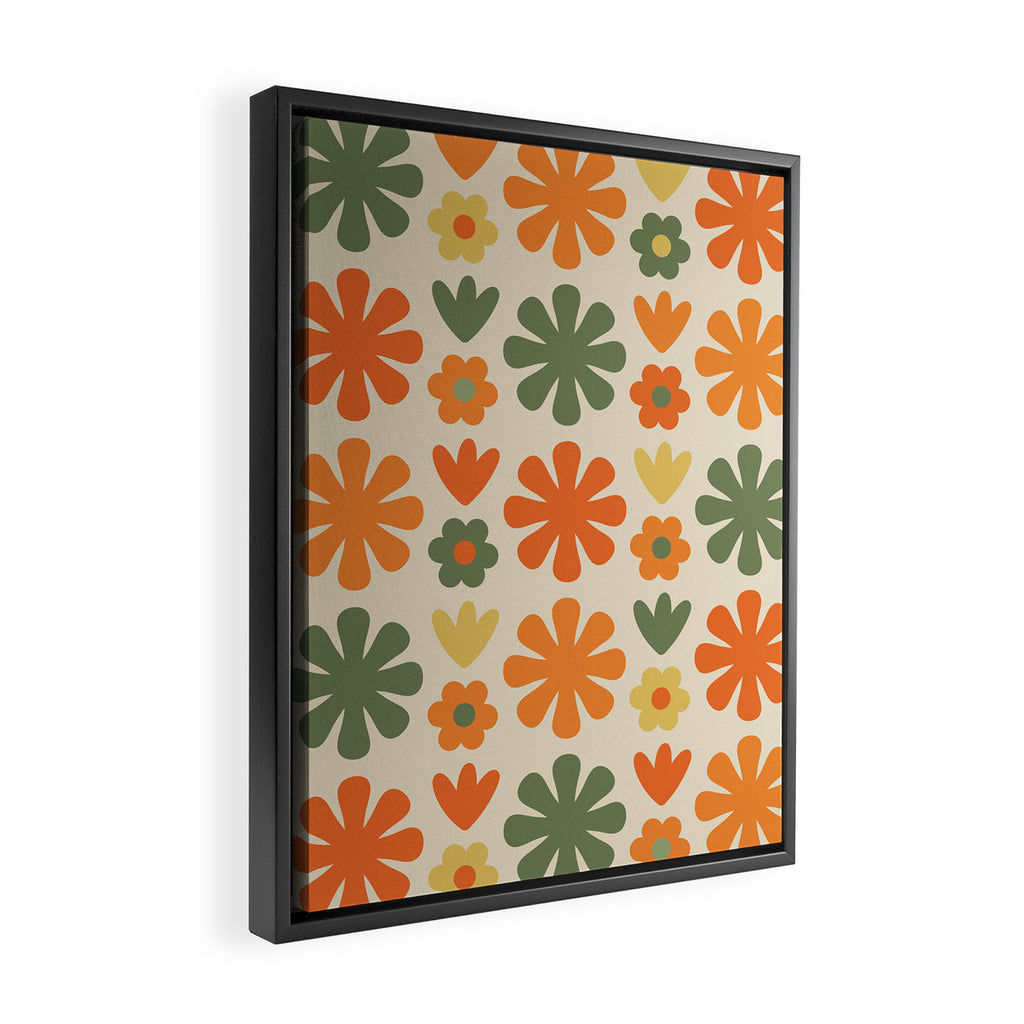 Retro Flowers Scandi Floral Grid Pattern in Mossy Olive Green Orange Mustard Framed Canvas Print Gallery Image 2