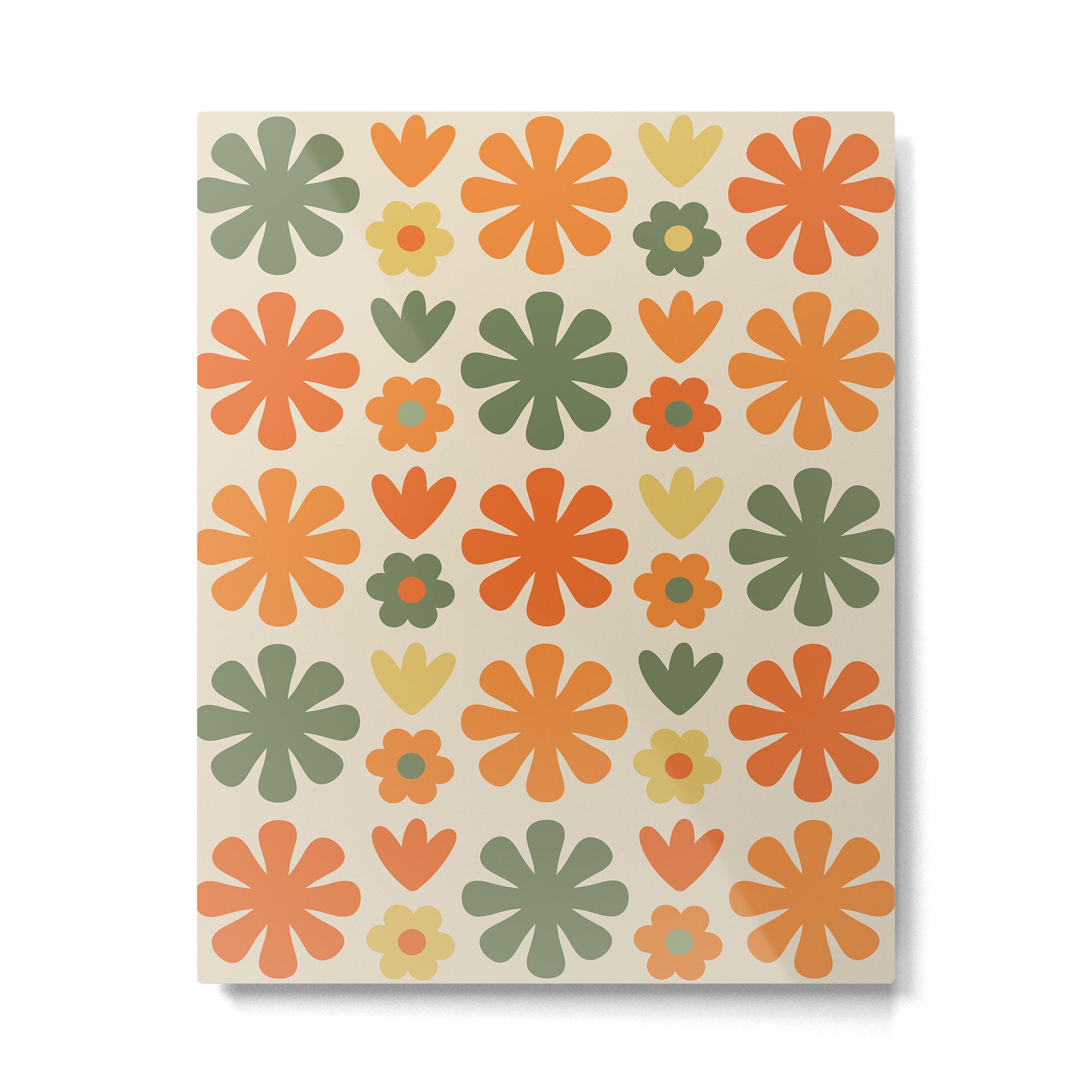 Retro Flowers Scandi Floral Grid Pattern in Mossy Olive Green Orange Mustard Metal Print Gallery Image 6