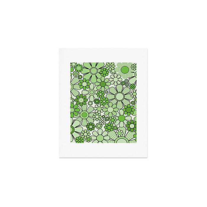 Retro Garden 60s 70s Lime Green Floral Gingham Flowers Pattern Art Print Gallery Image 1