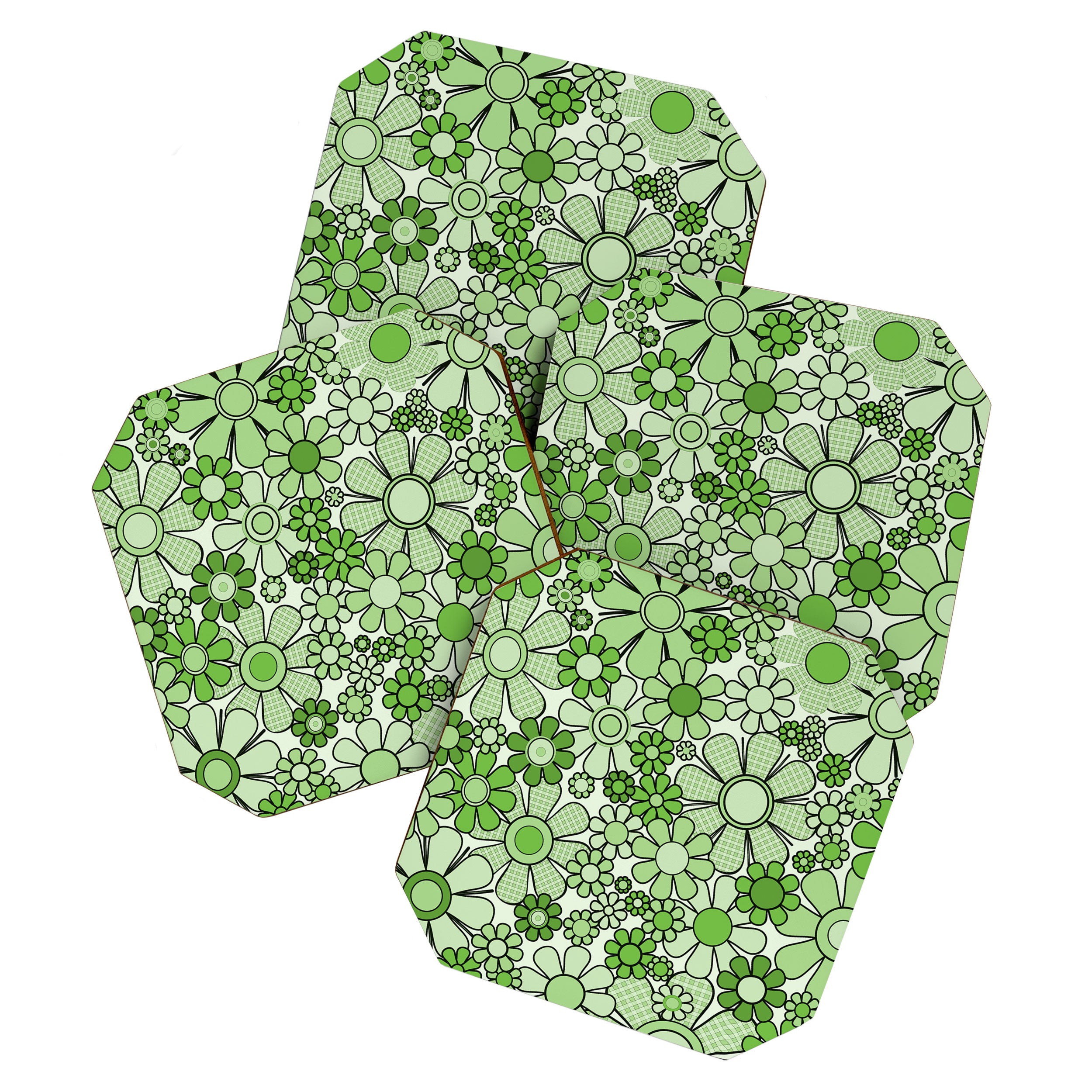 Retro Garden 60s 70s Lime Green Floral Gingham Flowers Pattern Coaster Gallery Image 1
