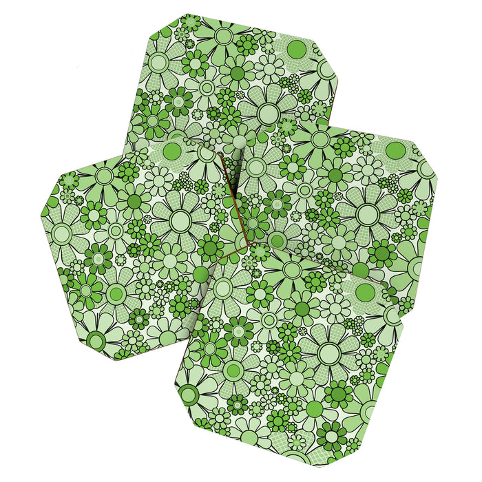 Retro Garden 60s 70s Lime Green Floral Gingham Flowers Pattern Coaster Gallery Image 1