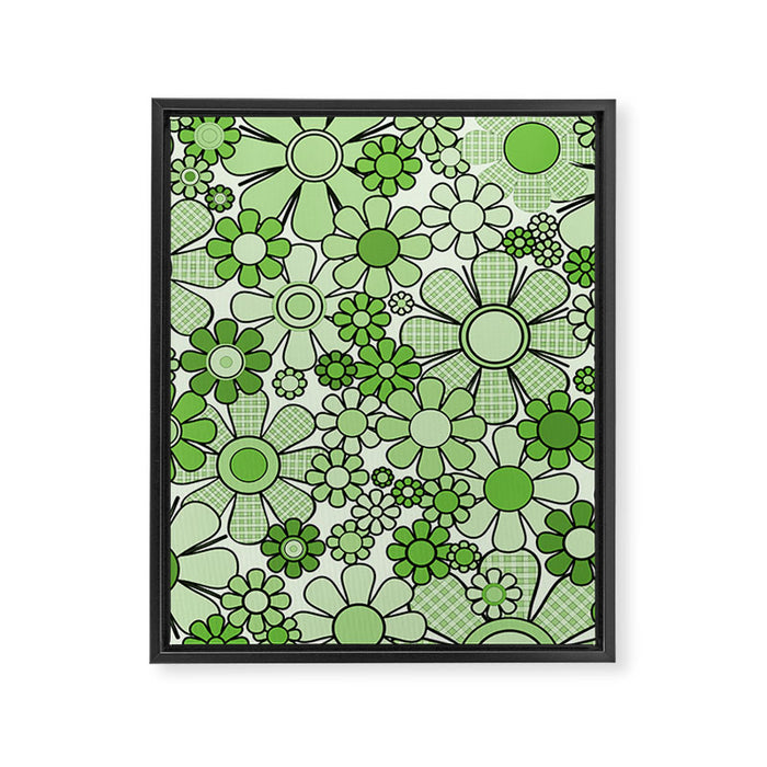 Retro Garden 60s 70s Lime Green Floral Gingham Flowers Pattern Framed Canvas Print Gallery Image 1