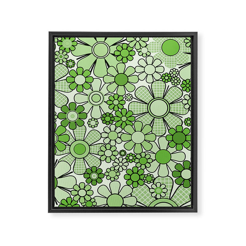 Retro Garden 60s 70s Lime Green Floral Gingham Flowers Pattern Framed Canvas Print Gallery Image 8