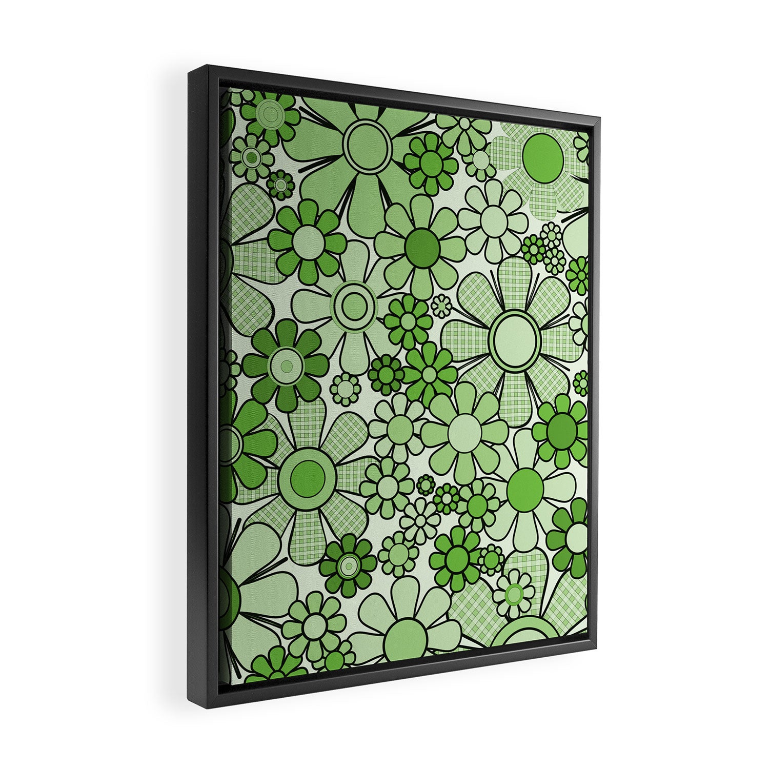 Retro Garden 60s 70s Lime Green Floral Gingham Flowers Pattern Framed Canvas Print Gallery Image 2