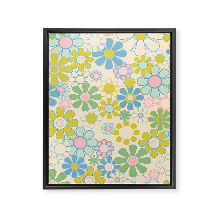 Retro Garden 60s 70s Pastel Floral Pattern on Cream Framed Canvas Print Gallery Image 1
