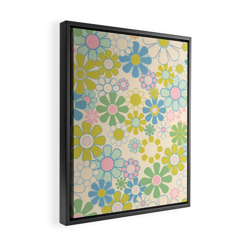 Retro Garden 60s 70s Pastel Floral Pattern on Cream Framed Canvas Print Gallery Image 2