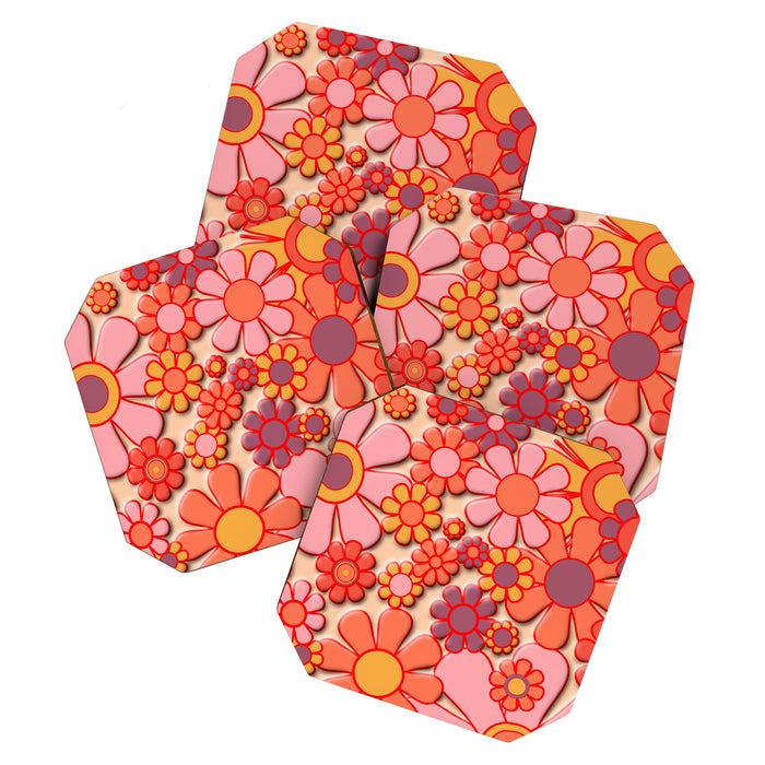 Retro Garden Flower Cuff 60s 70s Puffy Look Pink Peach Orange Pattern Coaster Gallery Image 1