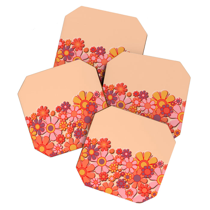 Retro Garden Flower Cuff Puffy Look Pink Peach Orange 60s 70s Pattern Coaster Gallery Image 1