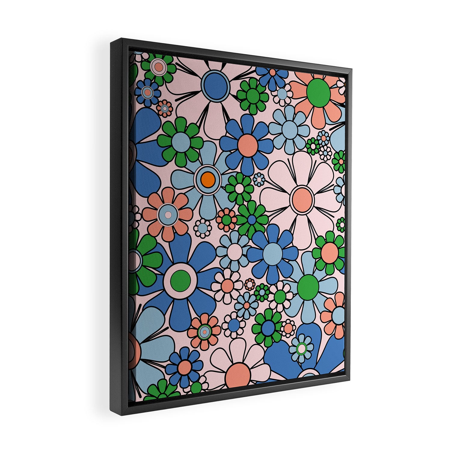 Retro Garden Flowers 60s 70s Blue Pink Green Floral Pattern Framed Canvas Print Gallery Image 2