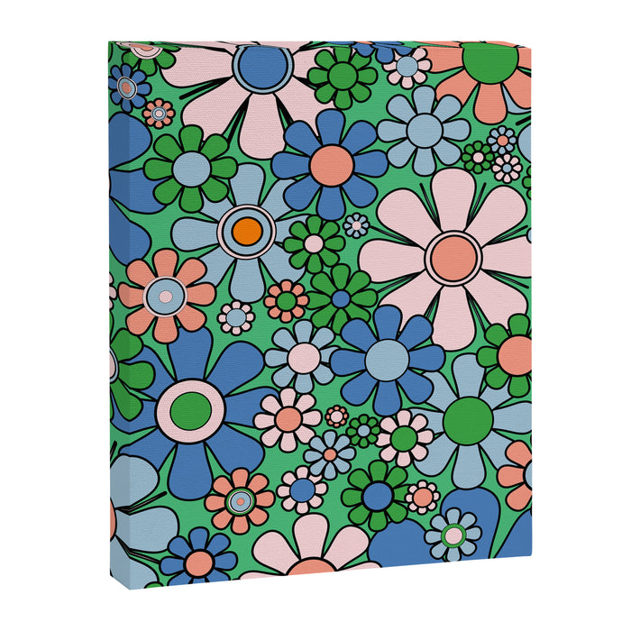 Retro Garden Flowers 60s 70s Floral Pattern in Bright Green Blue Pink Canvas Print Gallery Image 1