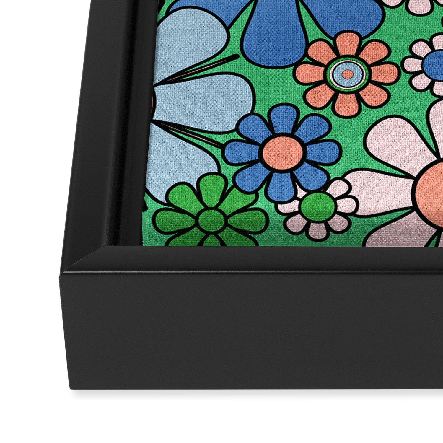 Retro Garden Flowers 60s 70s Floral Pattern in Bright Green Blue Pink Framed Canvas Print Gallery Image 3