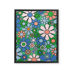 Retro Garden Flowers 60s 70s Floral Pattern in Bright Green Blue Pink Framed Canvas Print Gallery Image 8