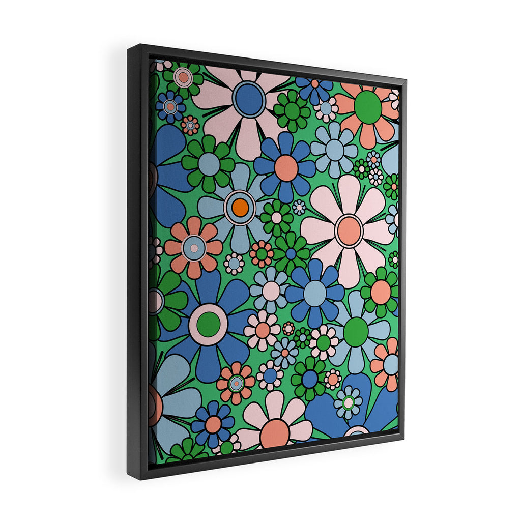 Retro Garden Flowers 60s 70s Floral Pattern in Bright Green Blue Pink Framed Canvas Print Gallery Image 2