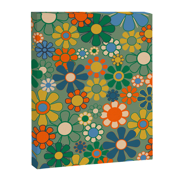 Retro Garden Flowers 60s 70s Floral Pattern in Green Blue Orange Mustard Canvas Print Gallery Image 1