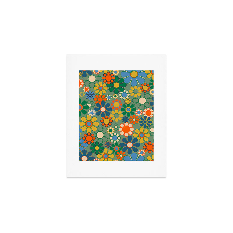 Retro Garden Flowers 60s 70s Floral Pattern in Green Blue Orange Mustard Art Print Gallery Image 1