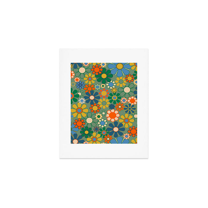 Retro Garden Flowers 60s 70s Floral Pattern in Green Blue Orange Mustard Art Print Gallery Image 1