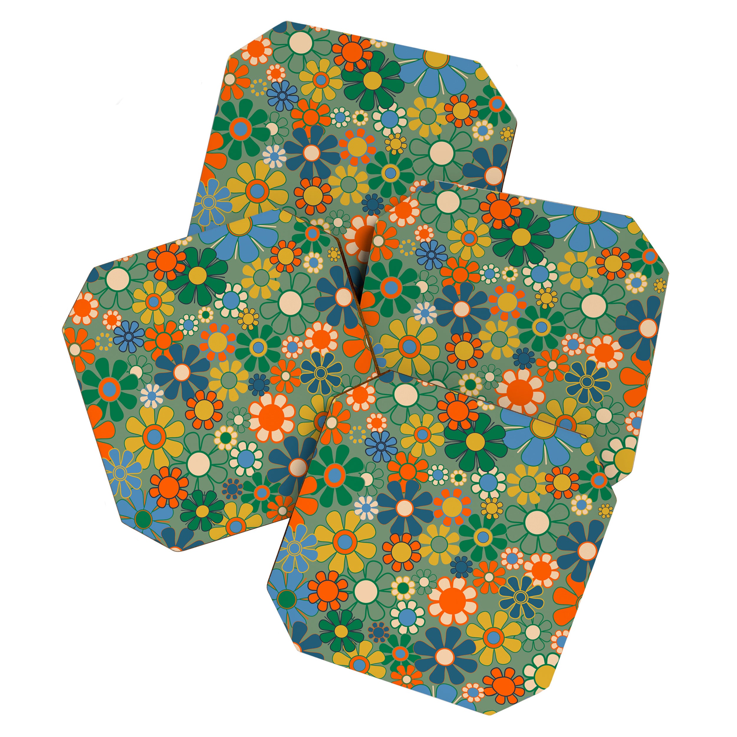 Retro Garden Flowers 60s 70s Floral Pattern in Green Blue Orange Mustard Coaster Gallery Image 1