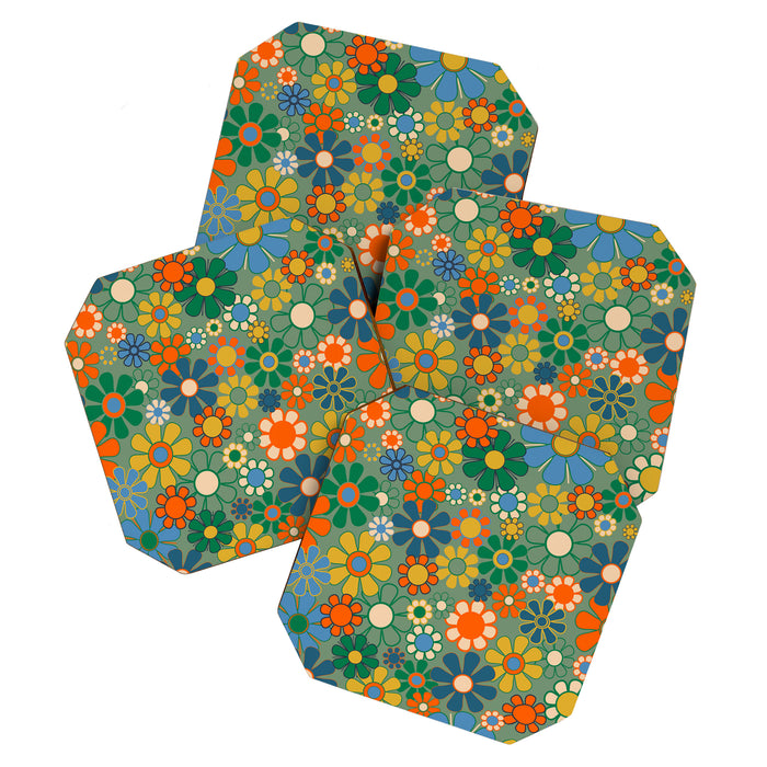 Retro Garden Flowers 60s 70s Floral Pattern in Green Blue Orange Mustard Coaster Gallery Image 1