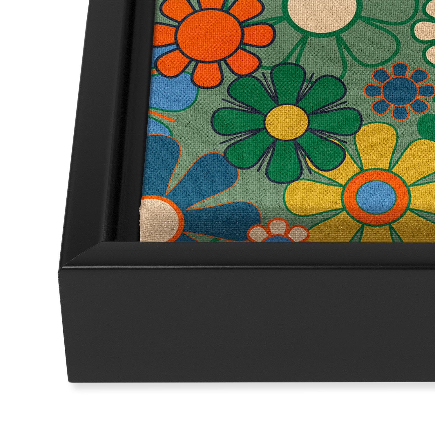 Retro Garden Flowers 60s 70s Floral Pattern in Green Blue Orange Mustard Framed Canvas Print Gallery Image 3