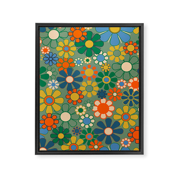 Retro Garden Flowers 60s 70s Floral Pattern in Green Blue Orange Mustard Framed Canvas Print Gallery Image 1