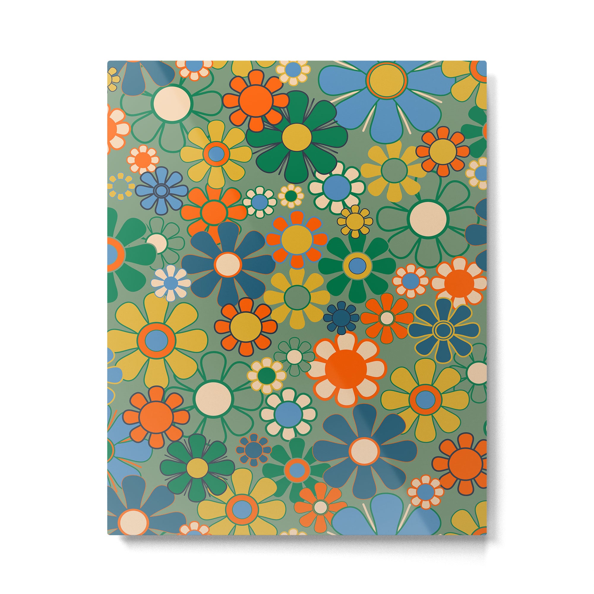 Retro Garden Flowers 60s 70s Floral Pattern in Green Blue Orange Mustard Metal Print Gallery Image 6