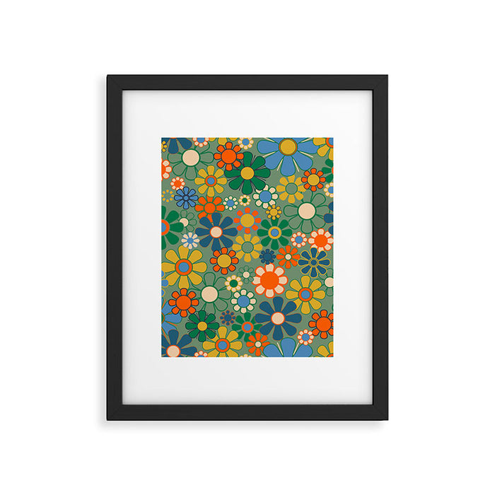 Retro Garden Flowers 60s 70s Floral Pattern in Green Blue Orange Mustard Framed Art Print Gallery Image 1