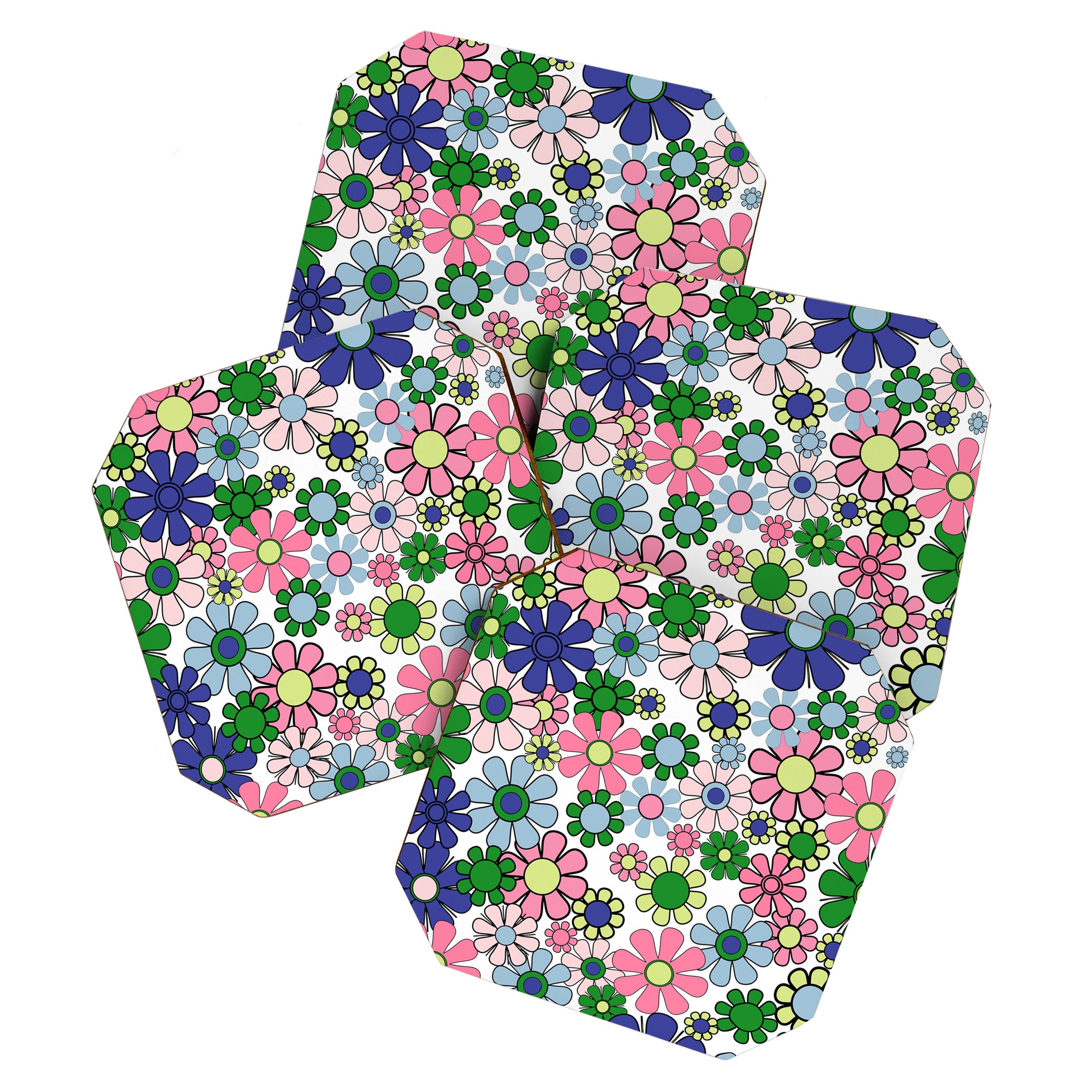 Retro Garden Flowers 60s 70s Floral Pattern Pink Blue Green White Coaster Gallery Image 1