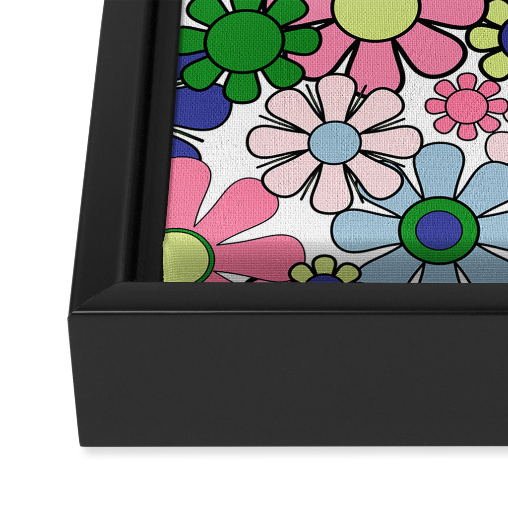 Retro Garden Flowers 60s 70s Floral Pattern Pink Blue Green White Framed Canvas Print Gallery Image 3