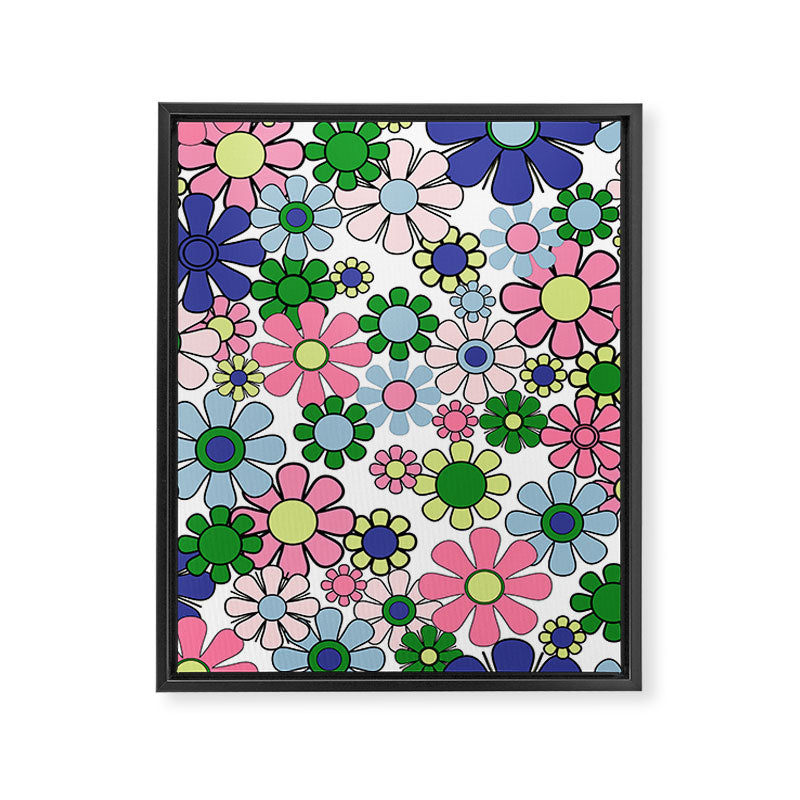 Retro Garden Flowers 60s 70s Floral Pattern Pink Blue Green White Framed Canvas Print Gallery Image 8