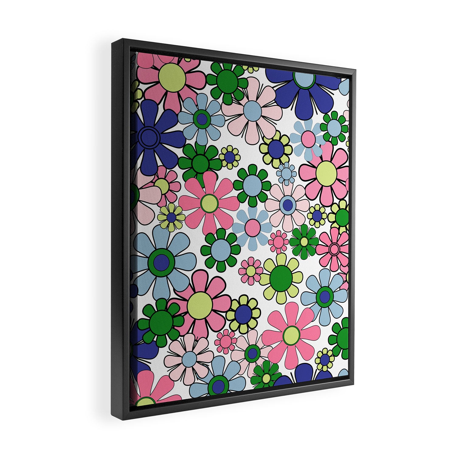 Retro Garden Flowers 60s 70s Floral Pattern Pink Blue Green White Framed Canvas Print Gallery Image 2