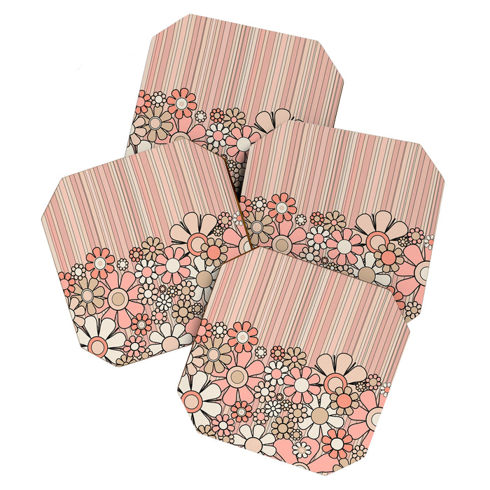 Retro Garden Flowers and Stripes Vintage Aesthetic Blush Pink and Black Floral Pattern Coaster Gallery Image 1