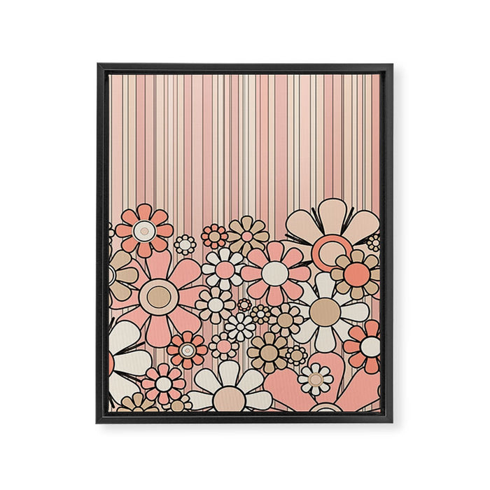 Retro Garden Flowers and Stripes Vintage Aesthetic Blush Pink and Black Floral Pattern Framed Canvas Print Gallery Image 1