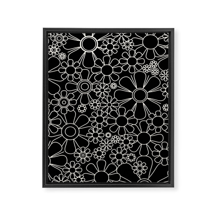 Retro Garden Flowers Contemporary Modern Black and Cream Minimalist Pattern Framed Canvas Print Gallery Image 1