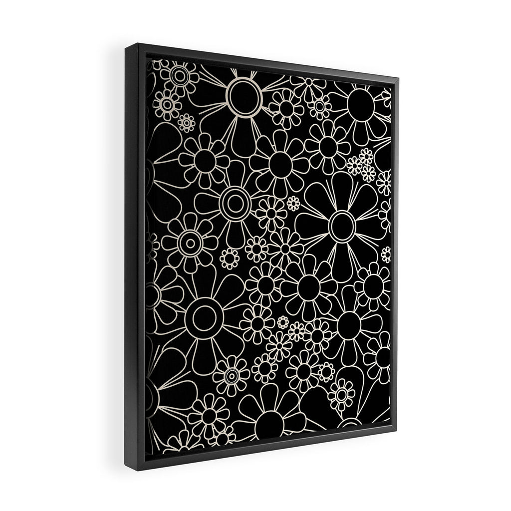 Retro Garden Flowers Contemporary Modern Black and Cream Minimalist Pattern Framed Canvas Print Gallery Image 2