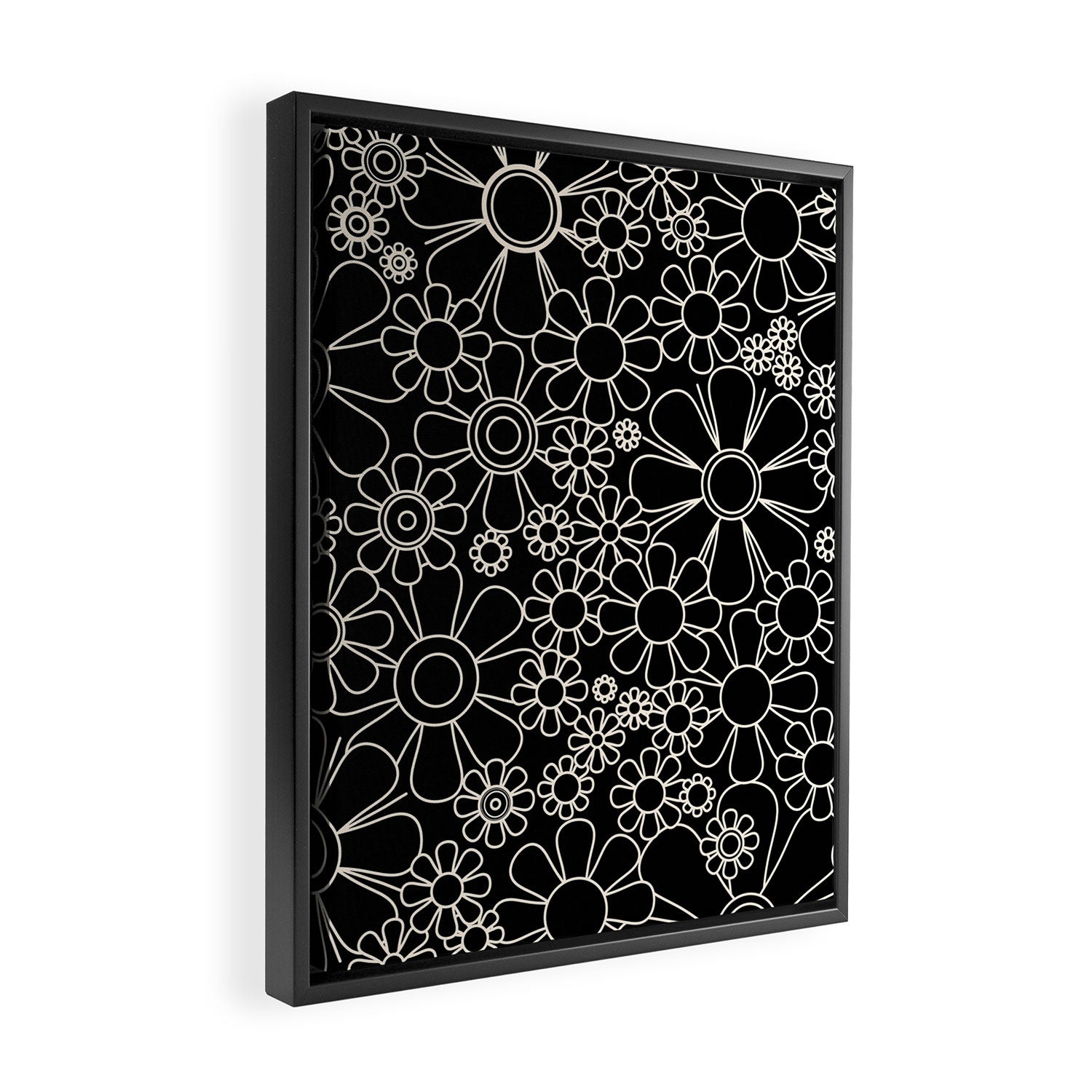 Retro Garden Flowers Contemporary Modern Black and Cream Minimalist Pattern Framed Canvas Print Gallery Image 2