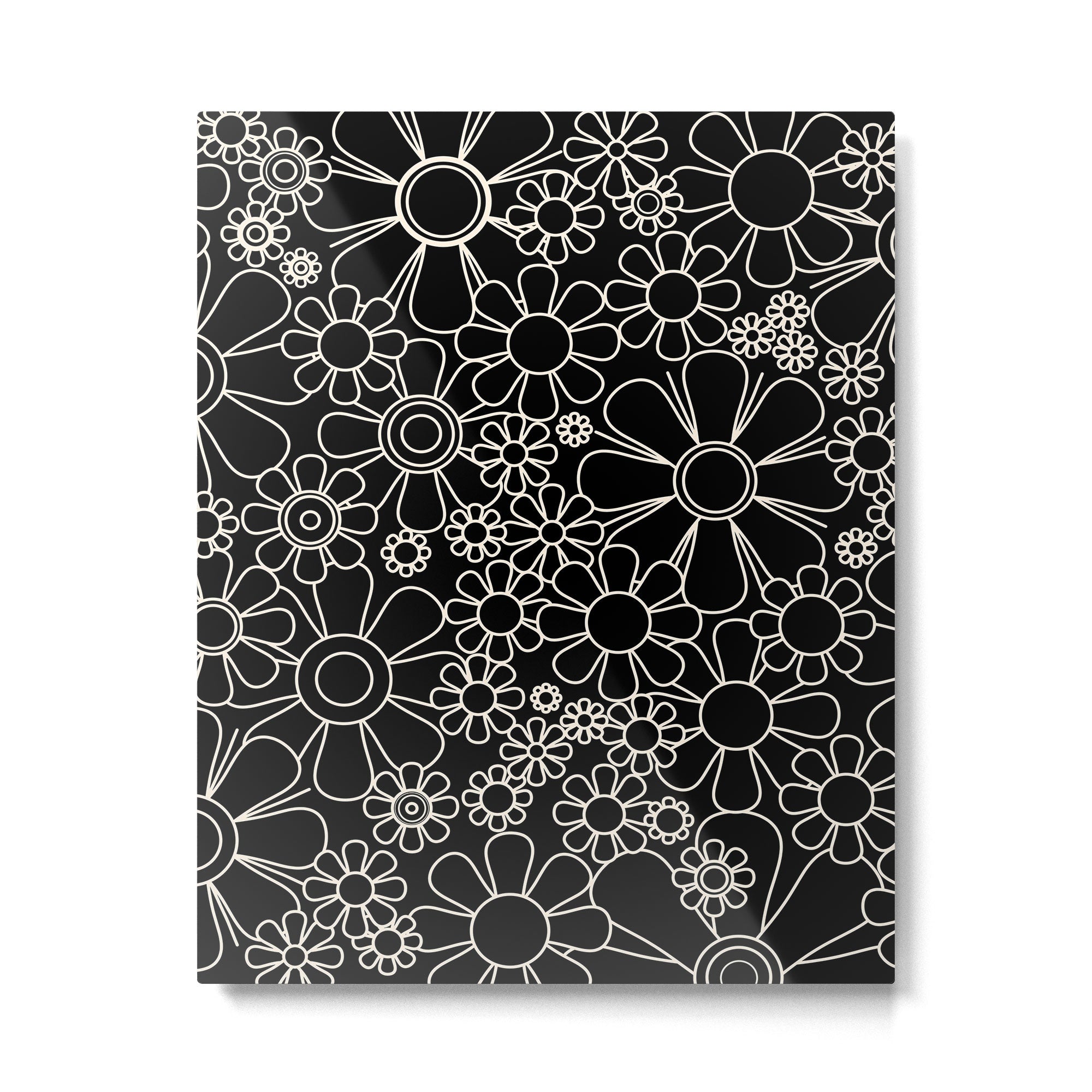 Retro Garden Flowers Contemporary Modern Black and Cream Minimalist Pattern Metal Print Gallery Image 6