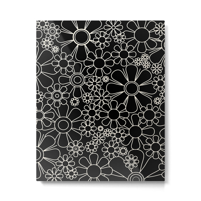Retro Garden Flowers Contemporary Modern Black and Cream Minimalist Pattern Metal Print Gallery Image 1