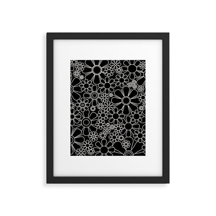 Retro Garden Flowers Contemporary Modern Black and Cream Minimalist Pattern Framed Art Print Gallery Image 1