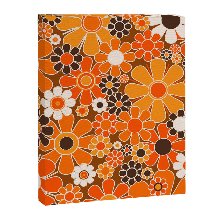 Retro Garden Flowers Groovy Floral Cheerful 60s 70s Pattern in 1970s Orange Brown Cream Beige Canvas Print Gallery Image 1