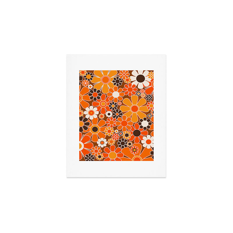 Retro Garden Flowers Groovy Floral Cheerful 60s 70s Pattern in 1970s Orange Brown Cream Beige Art Print Gallery Image 1