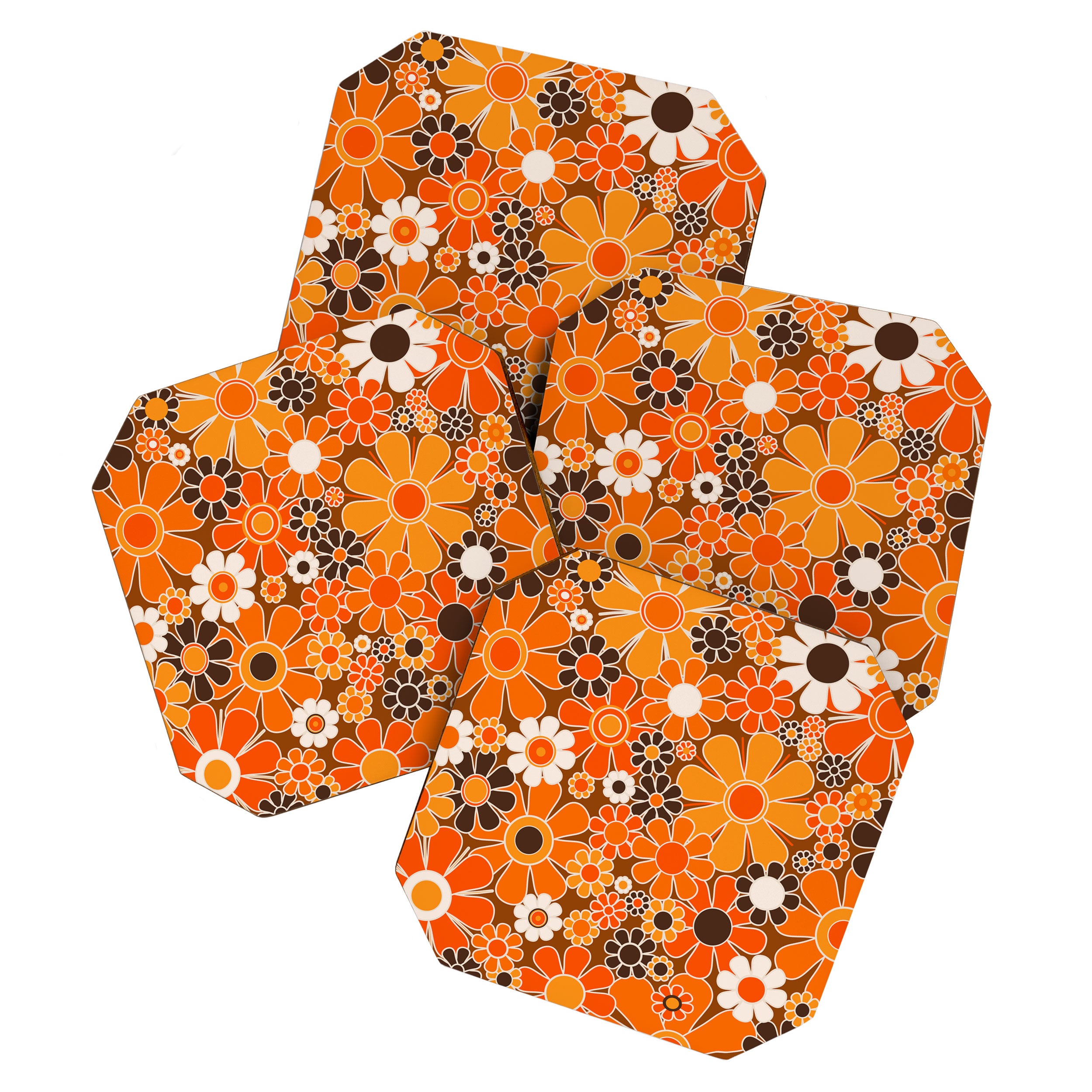 Retro Garden Flowers Groovy Floral Cheerful 60s 70s Pattern in 1970s Orange Brown Cream Beige Coaster Gallery Image 1