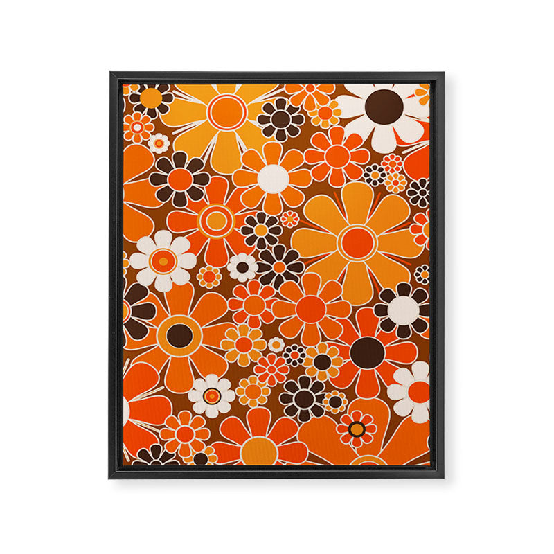 Retro Garden Flowers Groovy Floral Cheerful 60s 70s Pattern in 1970s Orange Brown Cream Beige Framed Canvas Print Gallery Image 8