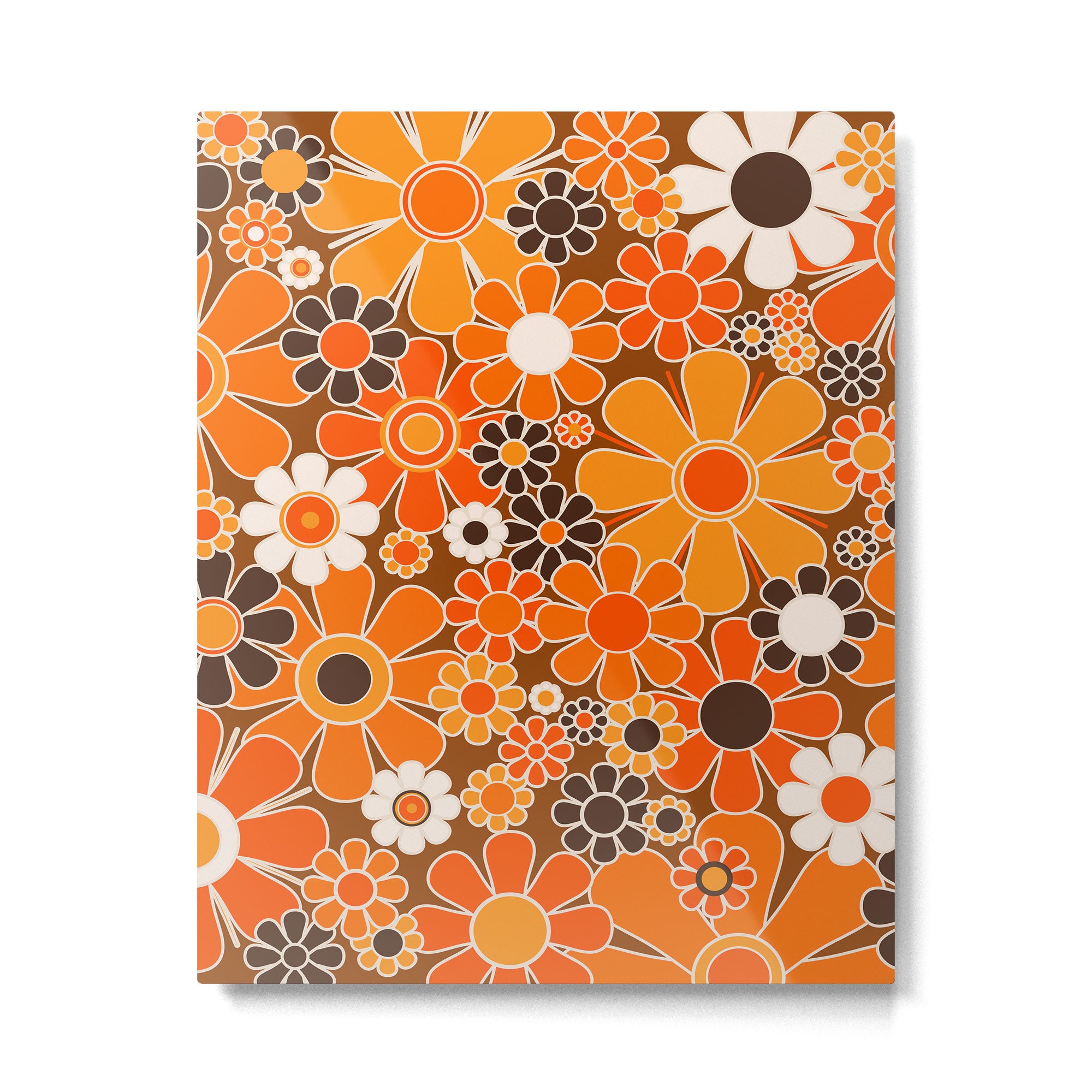 Retro Garden Flowers Groovy Floral Cheerful 60s 70s Pattern in 1970s Orange Brown Cream Beige Metal Print Gallery Image 6