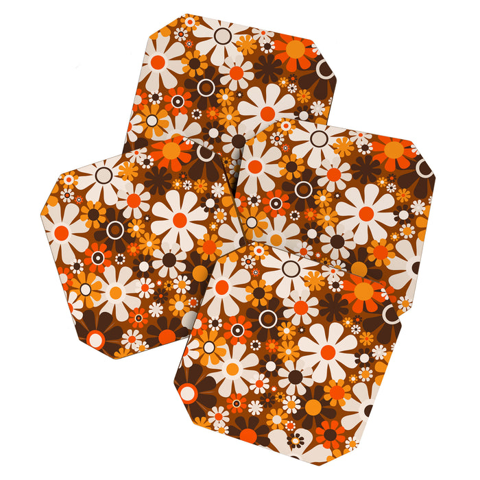Retro Garden Flowers Groovy 1970s Floral Pattern in 70s Brown and Orange Coaster Gallery Image 1